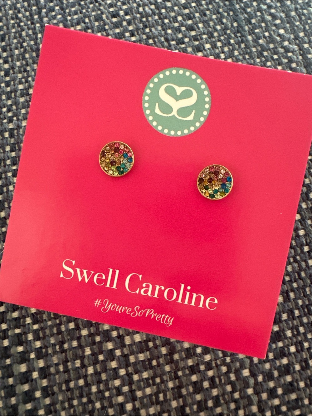 Small Multicolor Crystal Round Stud Earrings - Gold